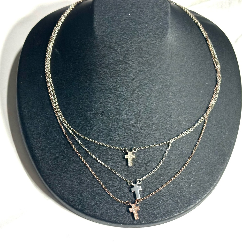 Tri Color Layered Christian Cross Necklace Silver Gold & Rose Gold Tones